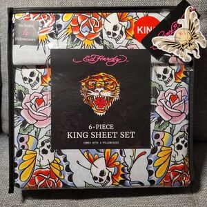 Ed Hardy KING Sheet Set Bold Floral Skull Design Butterfly Rose Edgy Bold